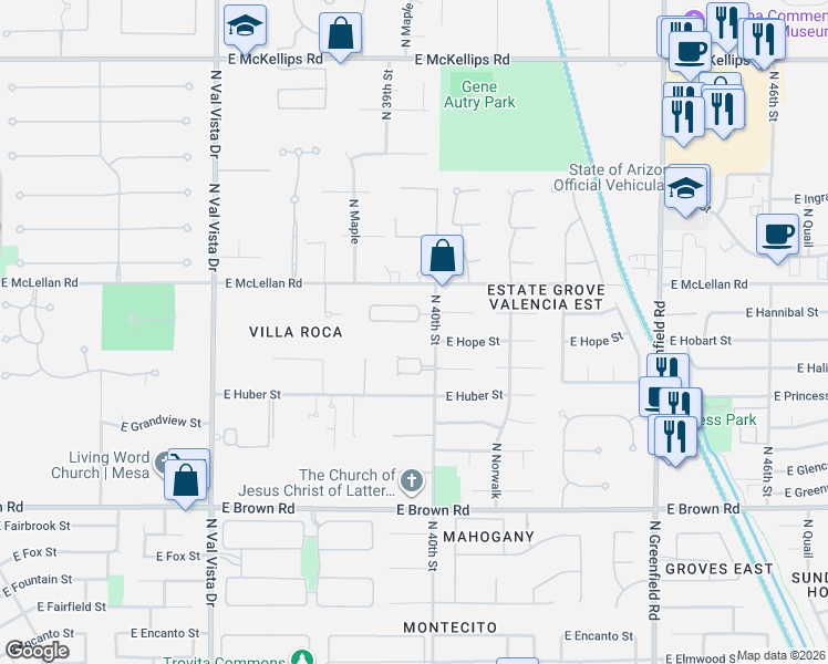 map of restaurants, bars, coffee shops, grocery stores, and more near 1440 North 40th Street in Mesa