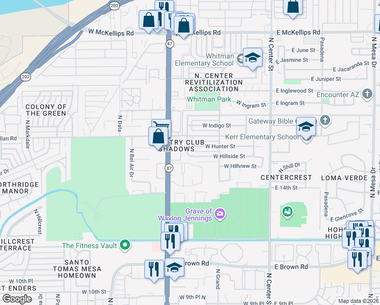 map of restaurants, bars, coffee shops, grocery stores, and more near 281 West Hillside Street in Mesa
