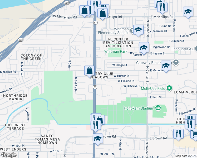 map of restaurants, bars, coffee shops, grocery stores, and more near 281 West Hillside Street in Mesa