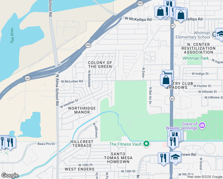 map of restaurants, bars, coffee shops, grocery stores, and more near 1500 North Markdale in Mesa