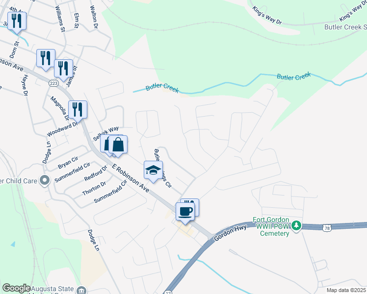 map of restaurants, bars, coffee shops, grocery stores, and more near 715 Porter Lane in Grovetown