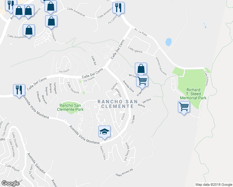 map of restaurants, bars, coffee shops, grocery stores, and more near I Street in San Clemente