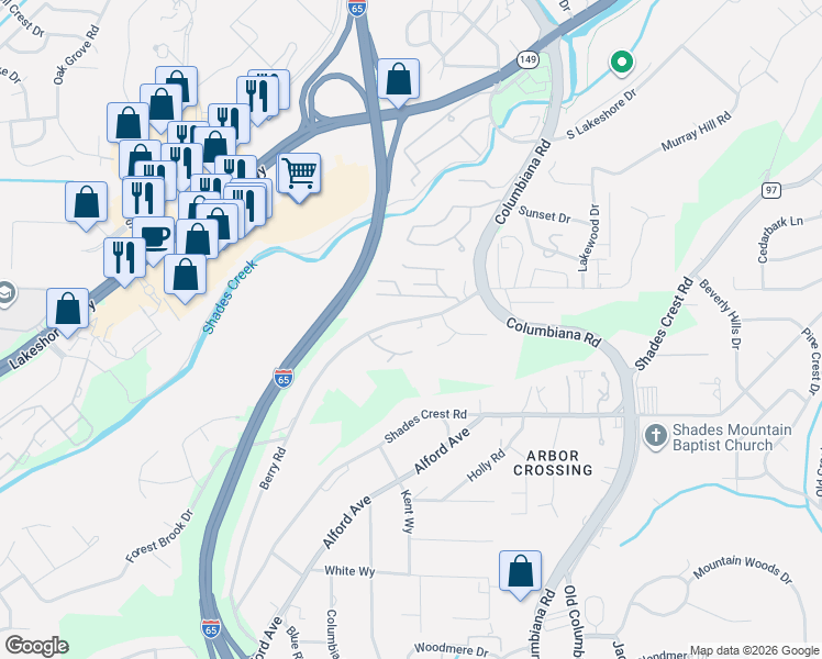 map of restaurants, bars, coffee shops, grocery stores, and more near 4 Abbey Lane in Vestavia Hills