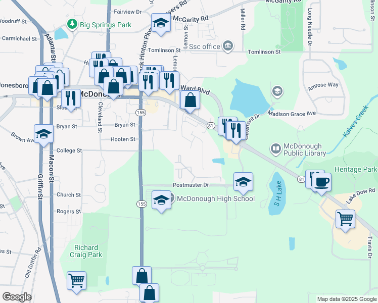 map of restaurants, bars, coffee shops, grocery stores, and more near 202 Columbia Street in McDonough