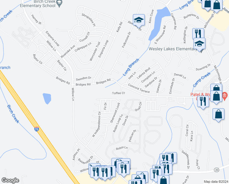 map of restaurants, bars, coffee shops, grocery stores, and more near 335 Toffee Court in McDonough