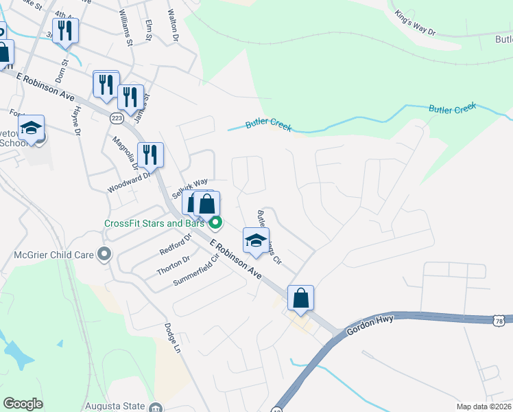 map of restaurants, bars, coffee shops, grocery stores, and more near 4606 Martha's Way in Grovetown