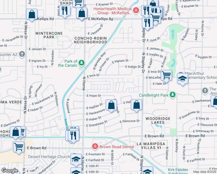 map of restaurants, bars, coffee shops, grocery stores, and more near 1535 North Horne in Mesa