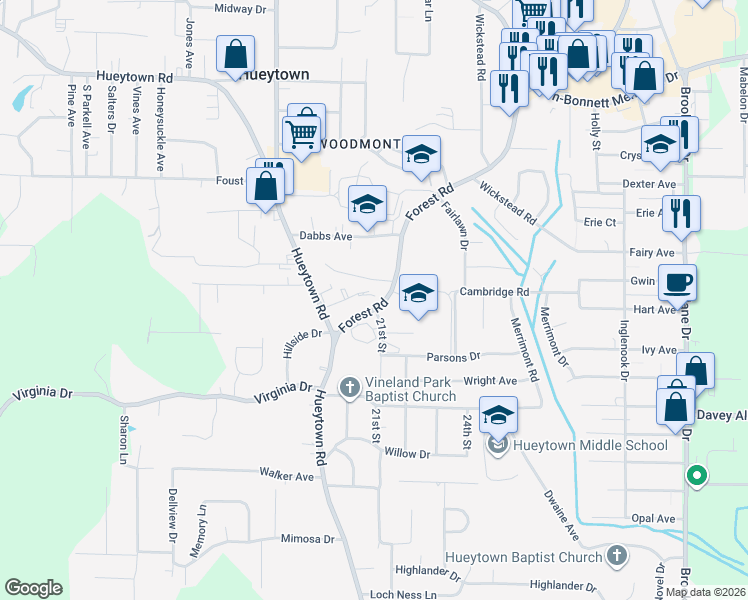 map of restaurants, bars, coffee shops, grocery stores, and more near 115 Forest Road in Hueytown