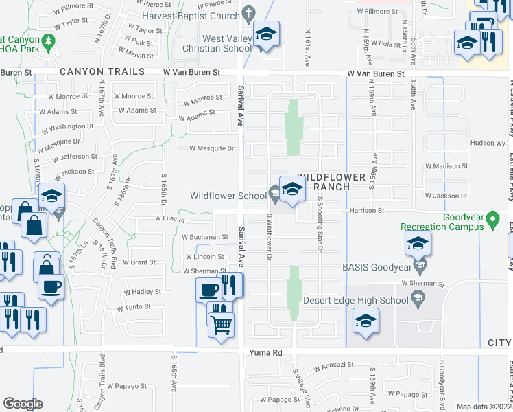 map of restaurants, bars, coffee shops, grocery stores, and more near 16246 West Lilac Street in Goodyear