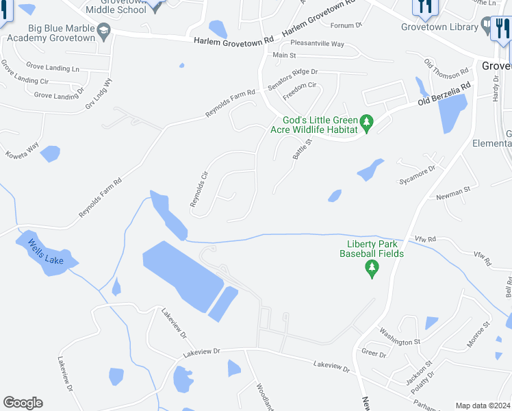 map of restaurants, bars, coffee shops, grocery stores, and more near 5045 Reynolds Way in Grovetown