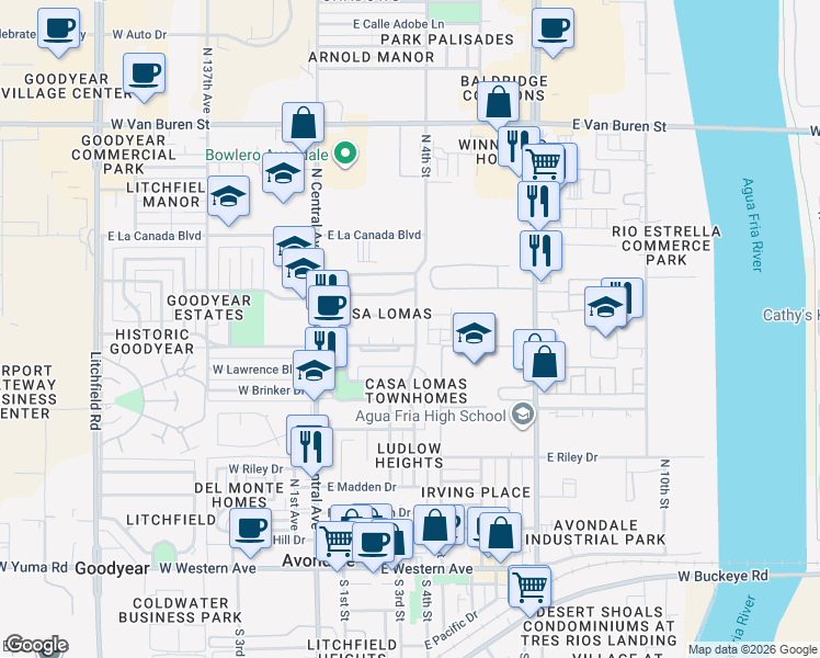 map of restaurants, bars, coffee shops, grocery stores, and more near 707 North 4th Street in Avondale