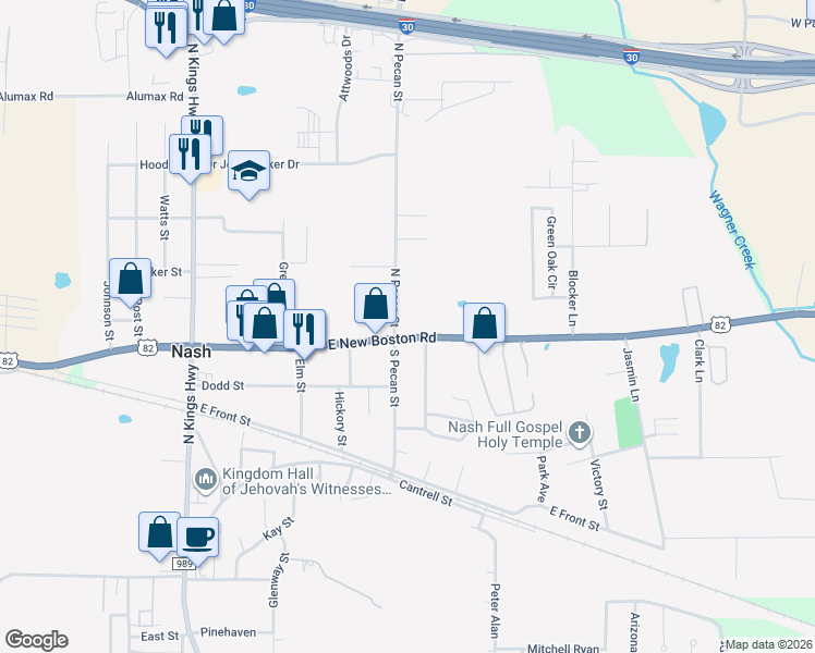 map of restaurants, bars, coffee shops, grocery stores, and more near 502 East New Boston Road in Nash