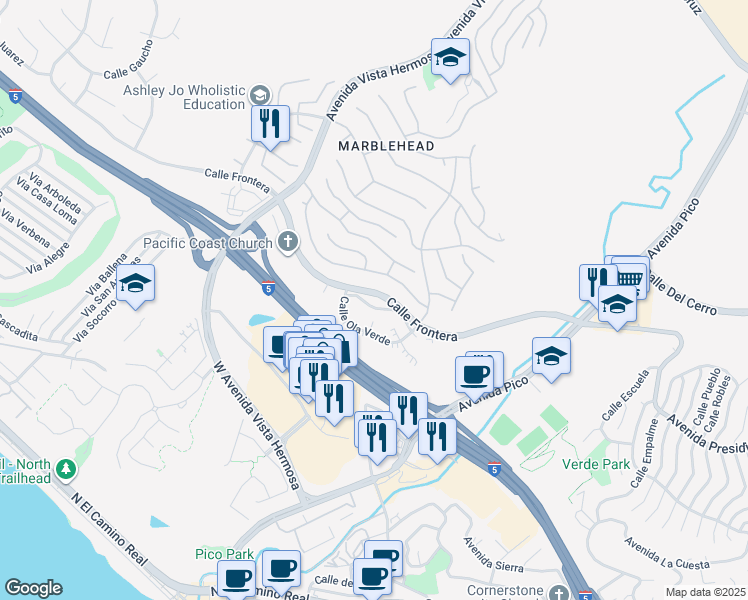 map of restaurants, bars, coffee shops, grocery stores, and more near 2162 Avenida Espada in San Clemente