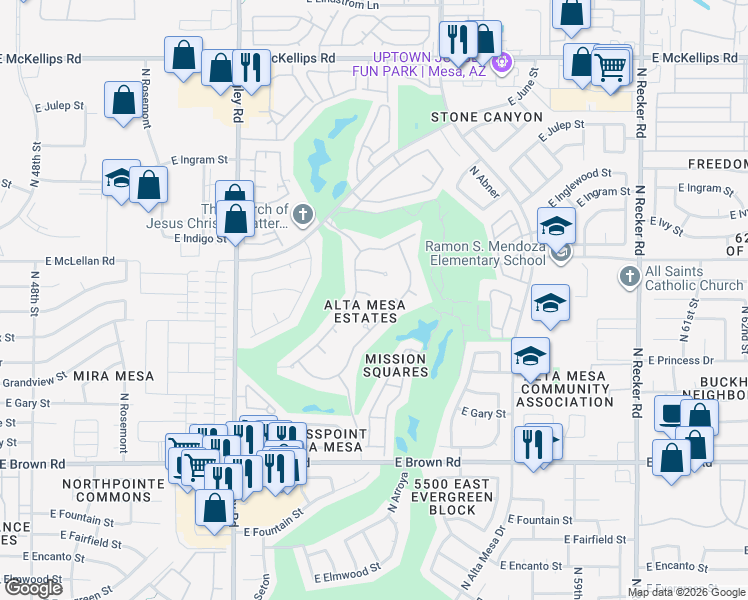 map of restaurants, bars, coffee shops, grocery stores, and more near 5345 East McLellan Road in Mesa