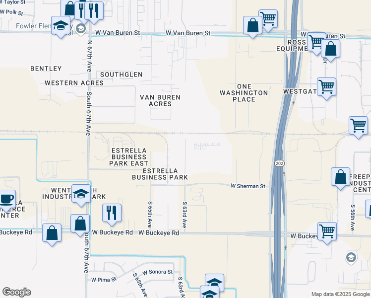 map of restaurants, bars, coffee shops, grocery stores, and more near 563 South 63rd Avenue in Phoenix