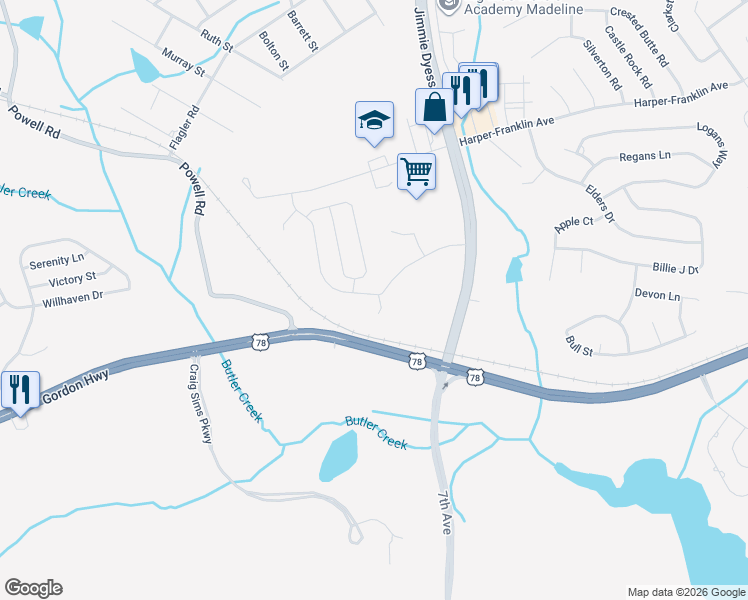 map of restaurants, bars, coffee shops, grocery stores, and more near 2593 Gordon Highway in Augusta
