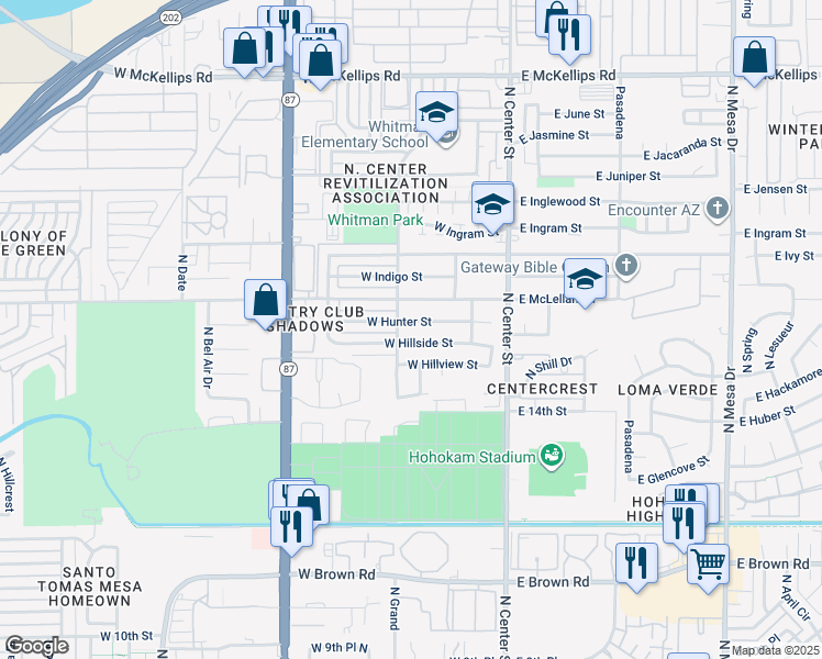 map of restaurants, bars, coffee shops, grocery stores, and more near 161 West Hillside Street in Mesa