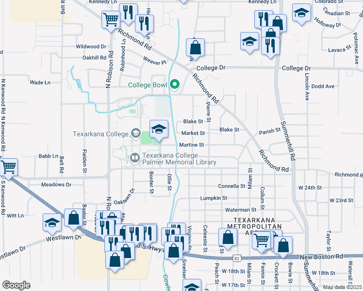 map of restaurants, bars, coffee shops, grocery stores, and more near 704 Robbins Street in Texarkana