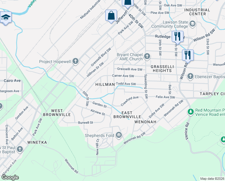 map of restaurants, bars, coffee shops, grocery stores, and more near 3577 45th Street Southwest in Birmingham