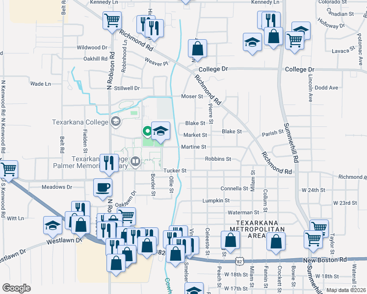 map of restaurants, bars, coffee shops, grocery stores, and more near 704 Robbins Street in Texarkana