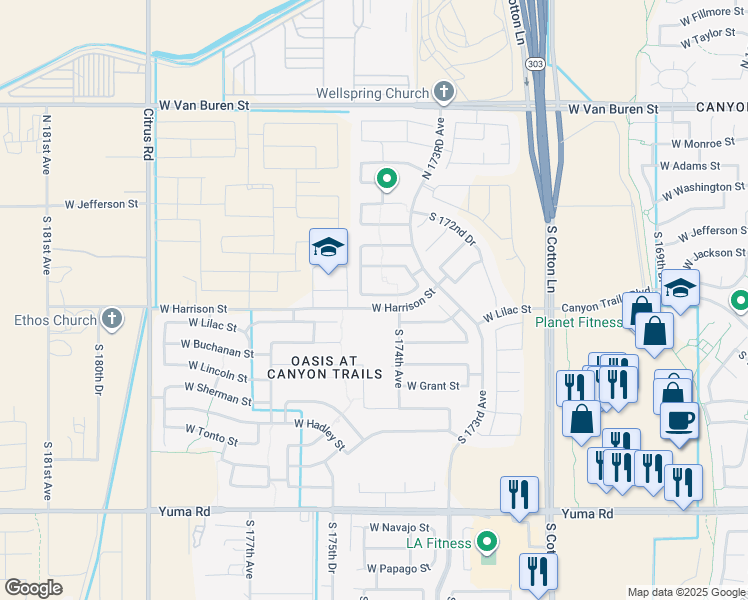 map of restaurants, bars, coffee shops, grocery stores, and more near 17445 West Jackson Street in Goodyear