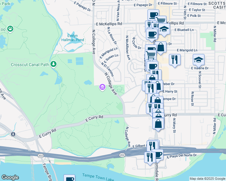 map of restaurants, bars, coffee shops, grocery stores, and more near 1400 North College Avenue in Tempe