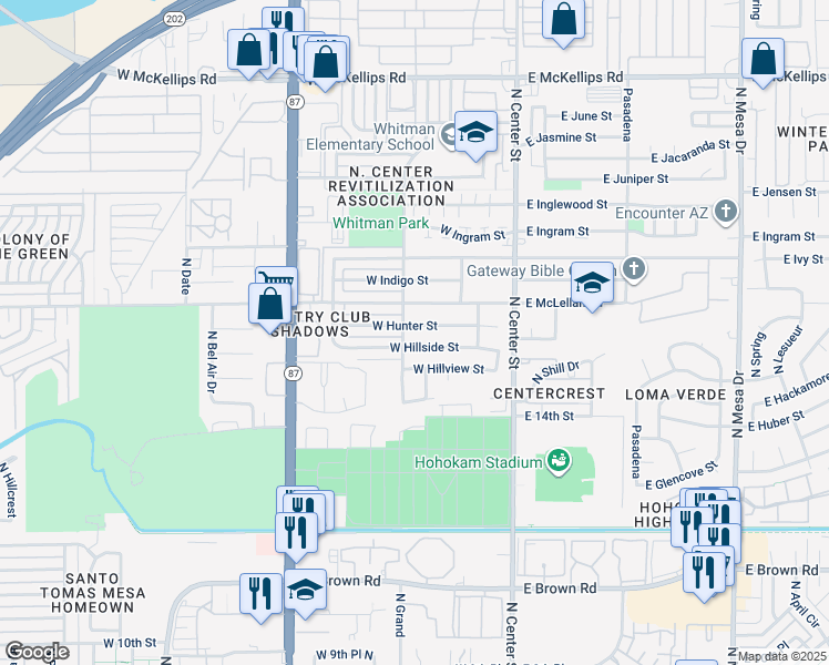 map of restaurants, bars, coffee shops, grocery stores, and more near 161 West Hillside Street in Mesa