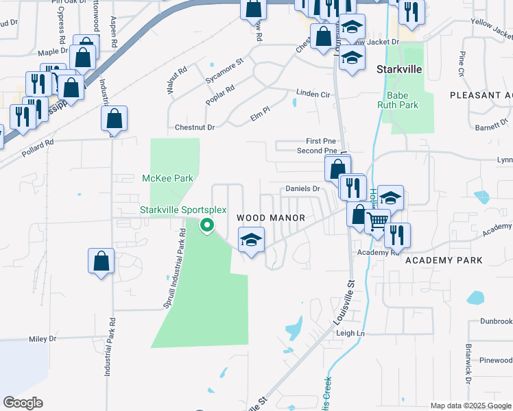 map of restaurants, bars, coffee shops, grocery stores, and more near 140 Park Circle in Starkville