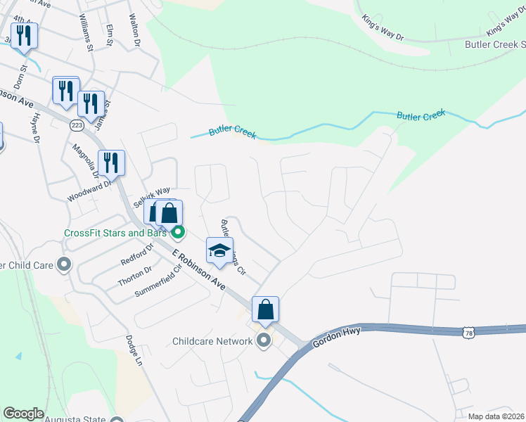 map of restaurants, bars, coffee shops, grocery stores, and more near 723 Porter Lane in Grovetown