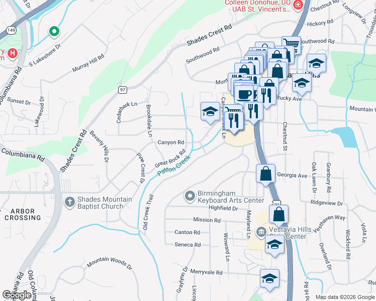 map of restaurants, bars, coffee shops, grocery stores, and more near 1842 Canyon Road in Vestavia Hills