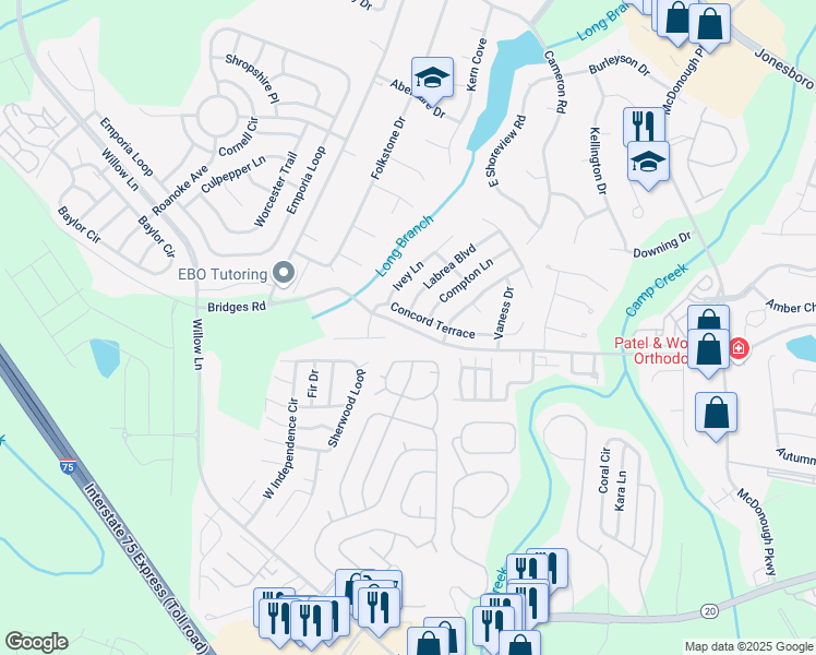 map of restaurants, bars, coffee shops, grocery stores, and more near Bridges Road in McDonough
