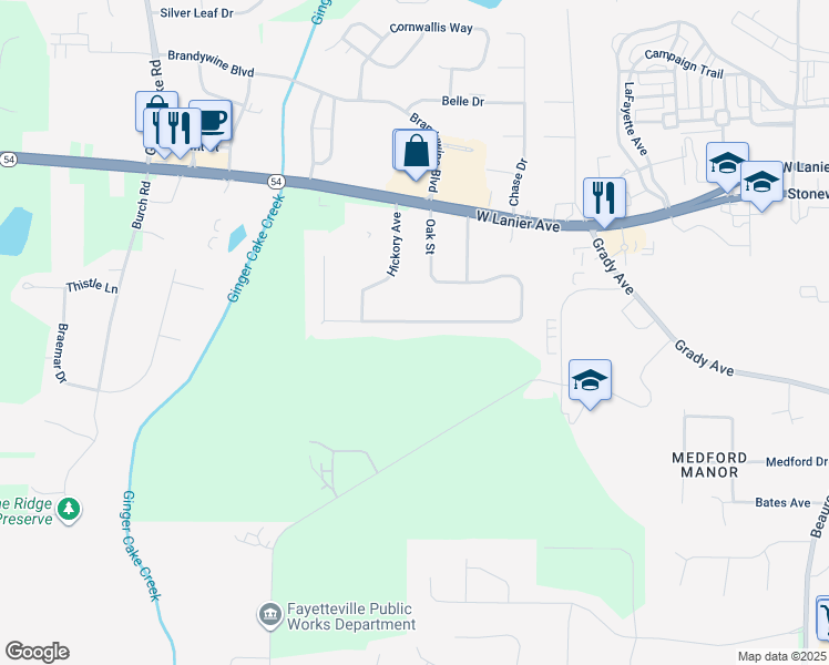 map of restaurants, bars, coffee shops, grocery stores, and more near 390 Oak Street in Fayetteville