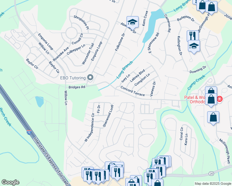 map of restaurants, bars, coffee shops, grocery stores, and more near 110 Jewell Court in McDonough