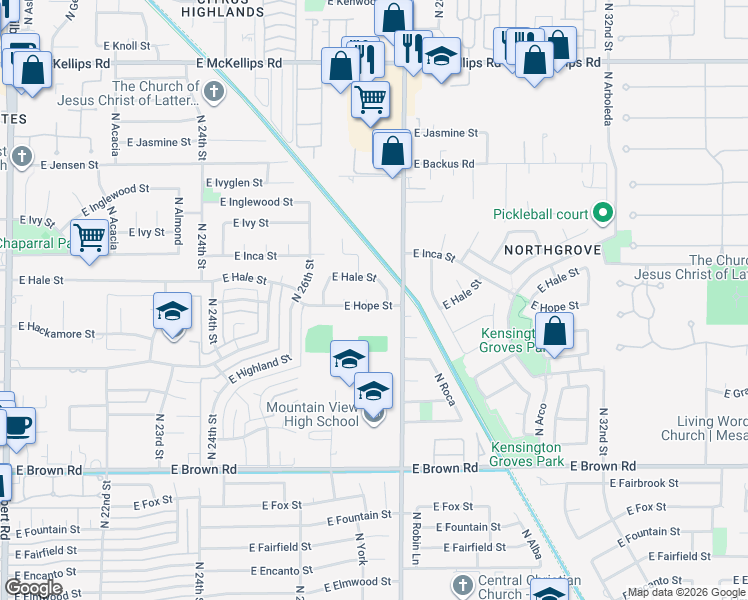 map of restaurants, bars, coffee shops, grocery stores, and more near 2715 East Hale Street in Mesa