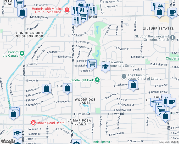 map of restaurants, bars, coffee shops, grocery stores, and more near 1313 East McLellan Road in Mesa