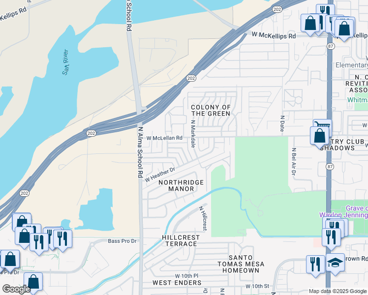 map of restaurants, bars, coffee shops, grocery stores, and more near 1556 North Markdale in Mesa