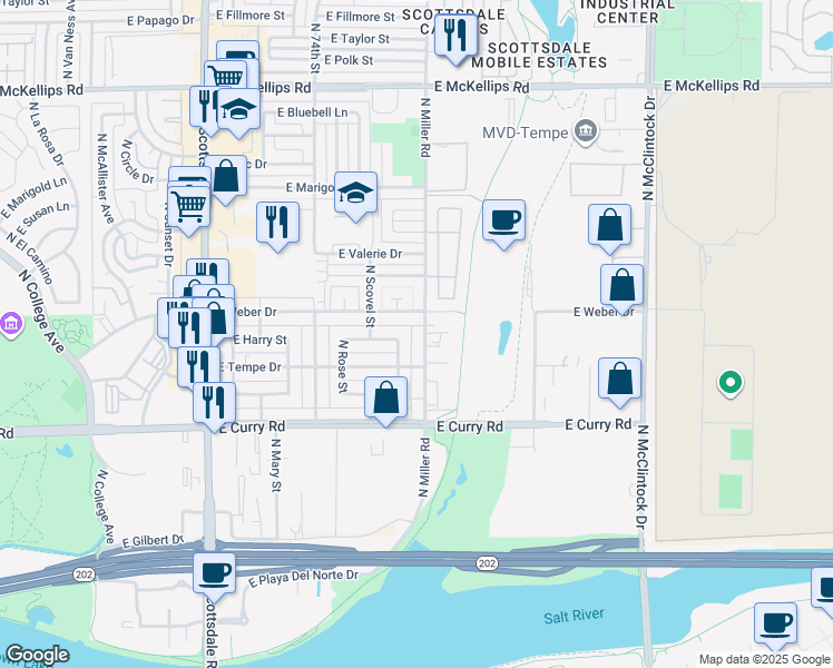 map of restaurants, bars, coffee shops, grocery stores, and more near 1251 East Weber Drive in Tempe