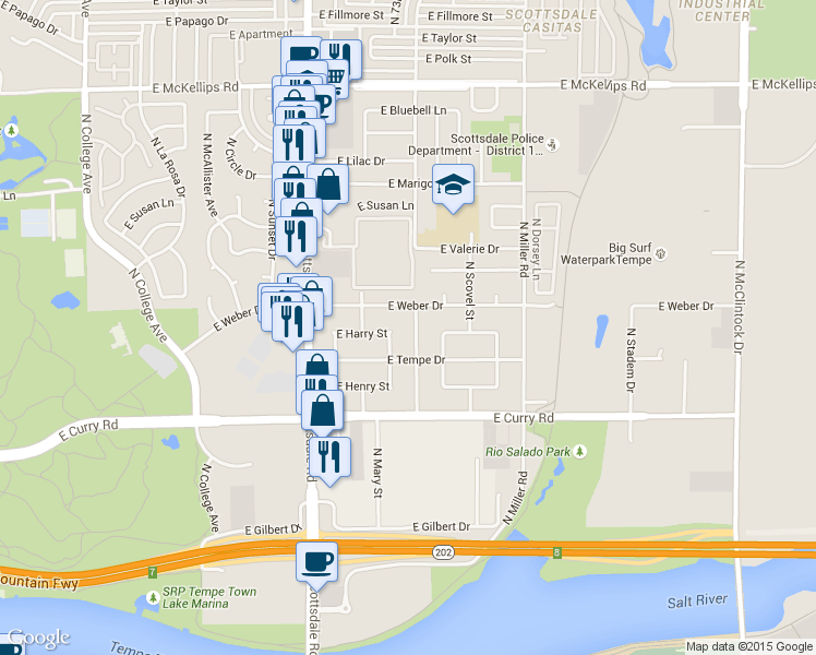map of restaurants, bars, coffee shops, grocery stores, and more near 1049 East Weber Drive in Tempe
