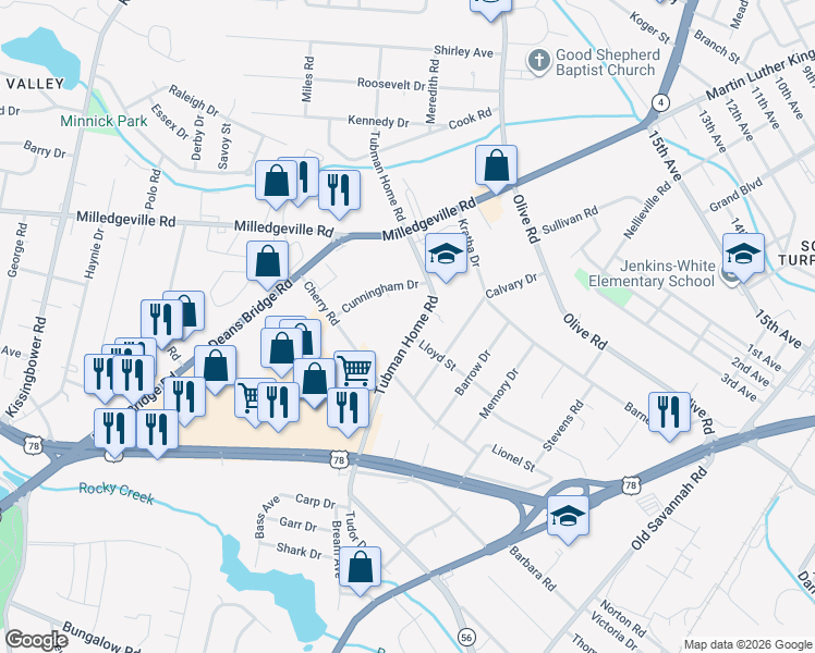 map of restaurants, bars, coffee shops, grocery stores, and more near 1925 Tubman Home Road in Augusta