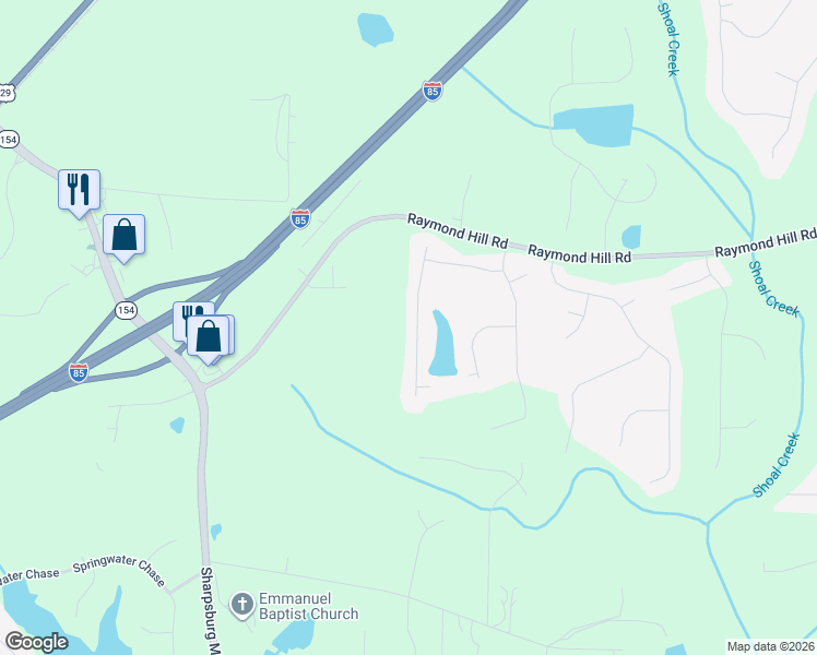 map of restaurants, bars, coffee shops, grocery stores, and more near 65 Emerald Drive in Newnan