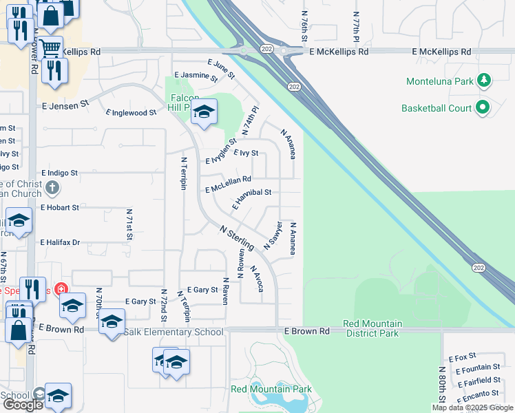 map of restaurants, bars, coffee shops, grocery stores, and more near 7427 East Hannibal Street in Mesa