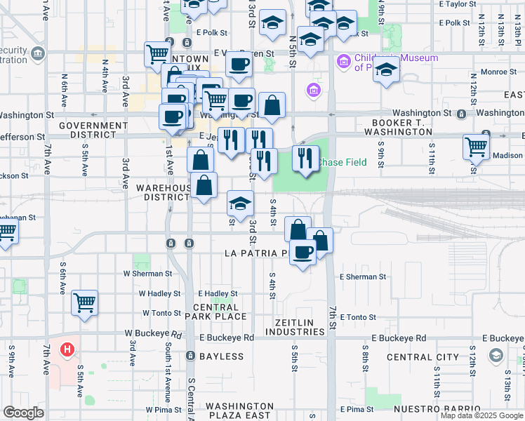 map of restaurants, bars, coffee shops, grocery stores, and more near 310 East Buchanan Street in Phoenix