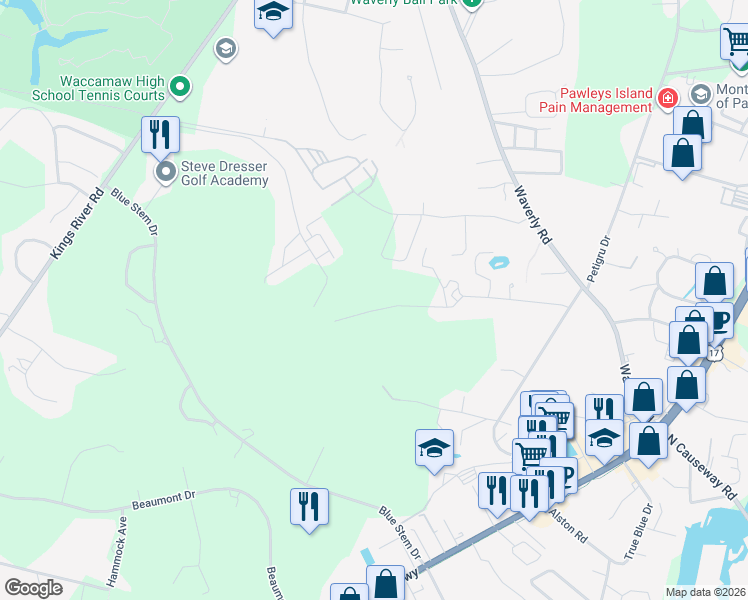 map of restaurants, bars, coffee shops, grocery stores, and more near 355-499 Shore Rush Drive in Pawleys Island