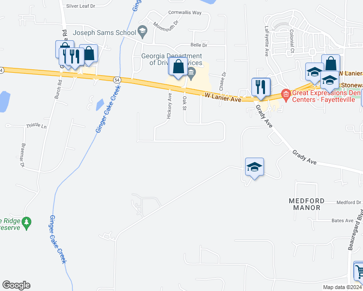 map of restaurants, bars, coffee shops, grocery stores, and more near 380 Oak Street in Fayetteville