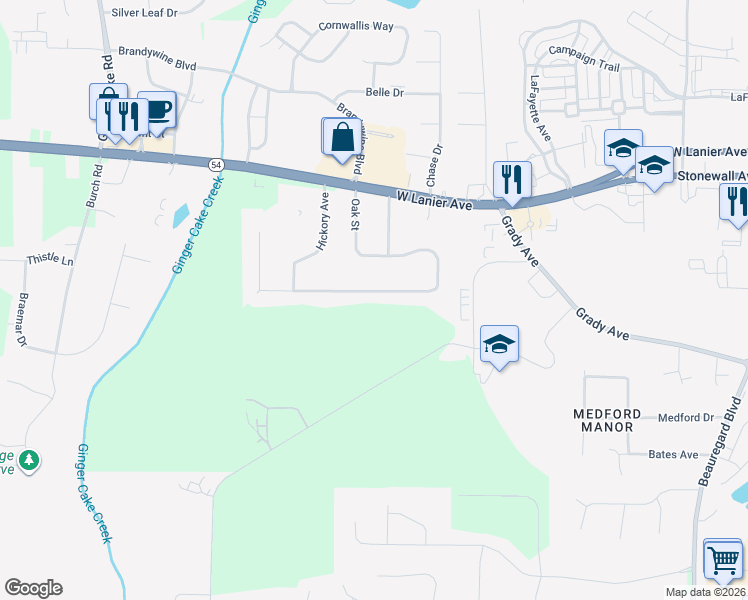 map of restaurants, bars, coffee shops, grocery stores, and more near 365 Oak Street in Fayetteville