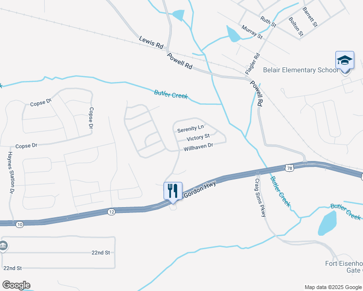map of restaurants, bars, coffee shops, grocery stores, and more near 2046 Willhaven Drive in Augusta