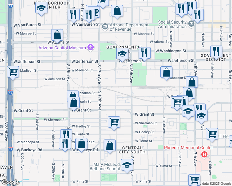 map of restaurants, bars, coffee shops, grocery stores, and more near 425 South 16th Avenue in Phoenix
