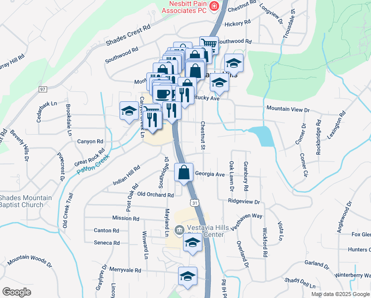 map of restaurants, bars, coffee shops, grocery stores, and more near 807 Old Montgomery Highway in Vestavia Hills