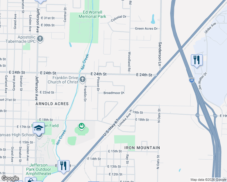 map of restaurants, bars, coffee shops, grocery stores, and more near 15 Broadmoor Drive in Texarkana