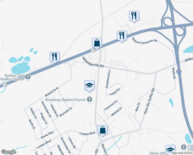 map of restaurants, bars, coffee shops, grocery stores, and more near 2300-2314 Barton Chapel Road in Augusta